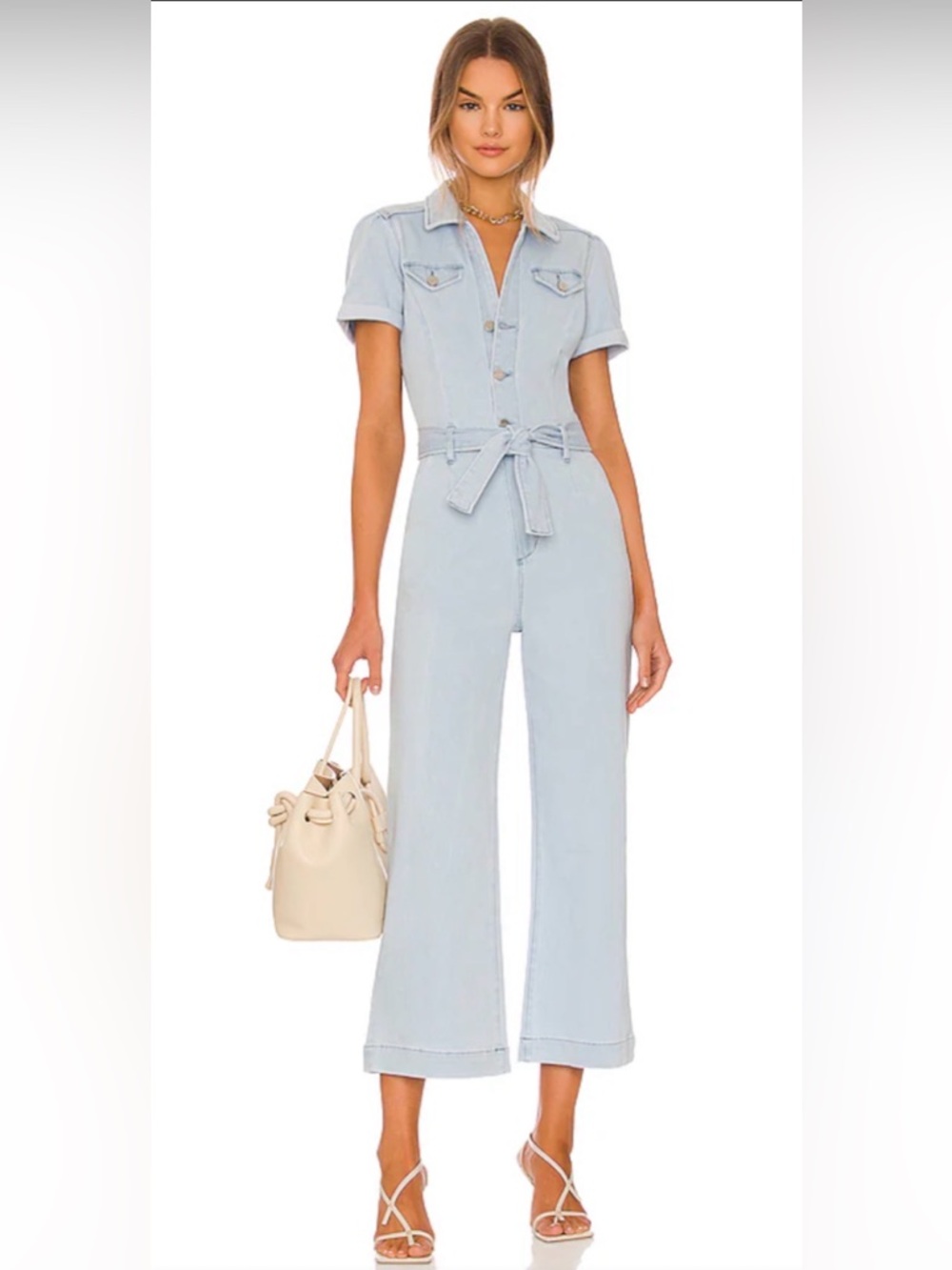 PAIGE ANESSA DENIM JUMPSUIT SELF BELT PUFF SLEEVE CROPPED ANKLE LENGTH IN KOMONO